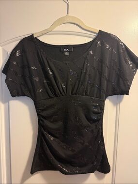 NWOT BCX Black Sequin Ruched Empire Waist Top Evening Going Out - XS